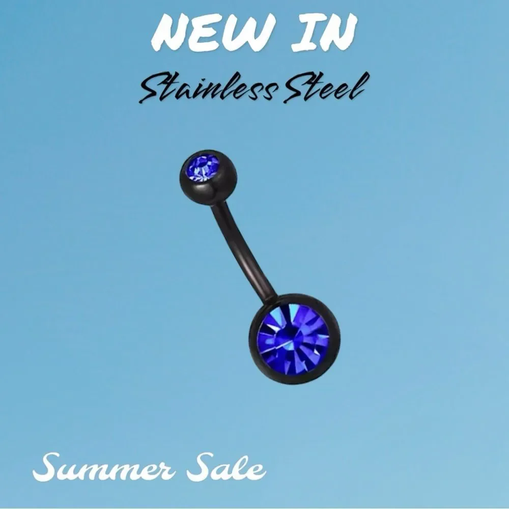 New Black Plated Stainless Steel 316L Blue Belly Button Ring Jewelry